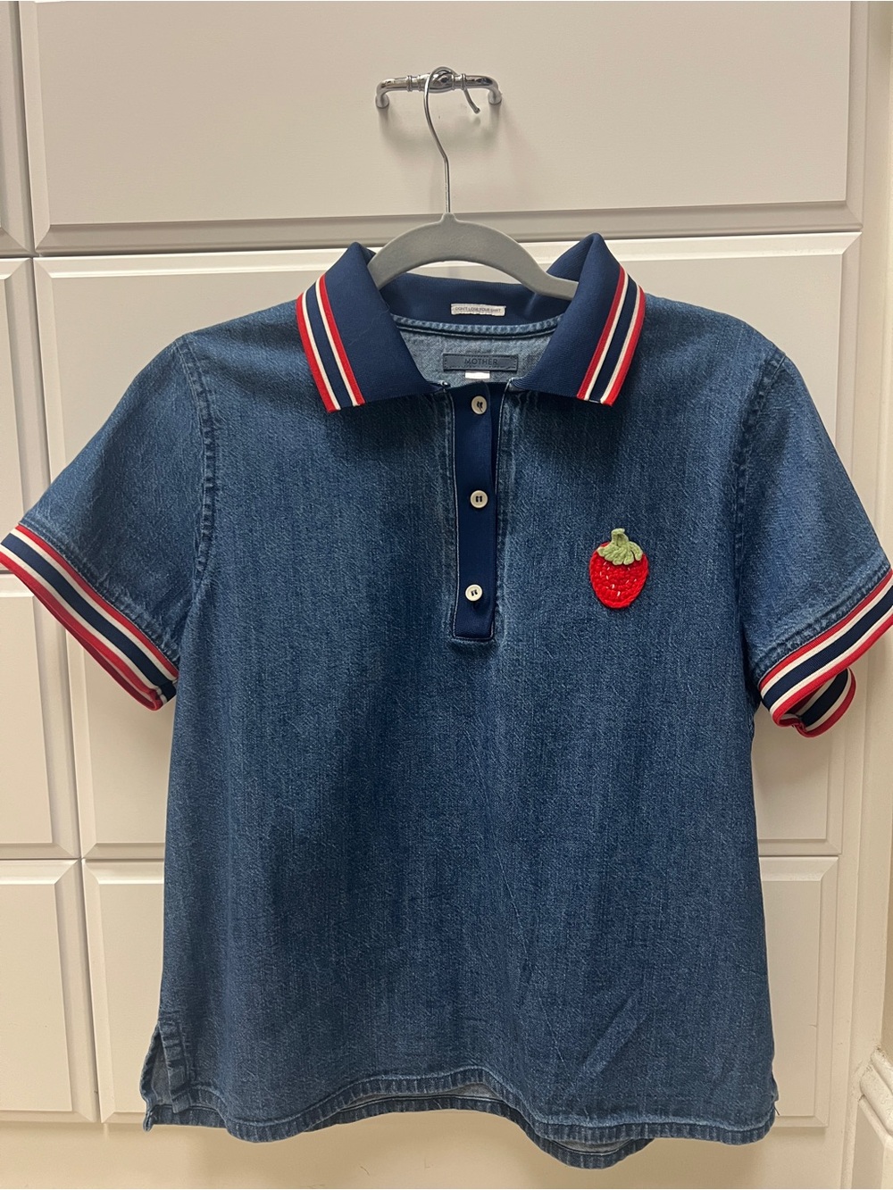 MOTHER Denim Polo Tee with Strawberry Patch - Navy/Red